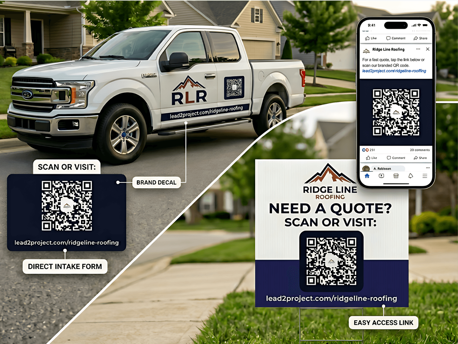 Branded QR code on truck, yard sign, and social media