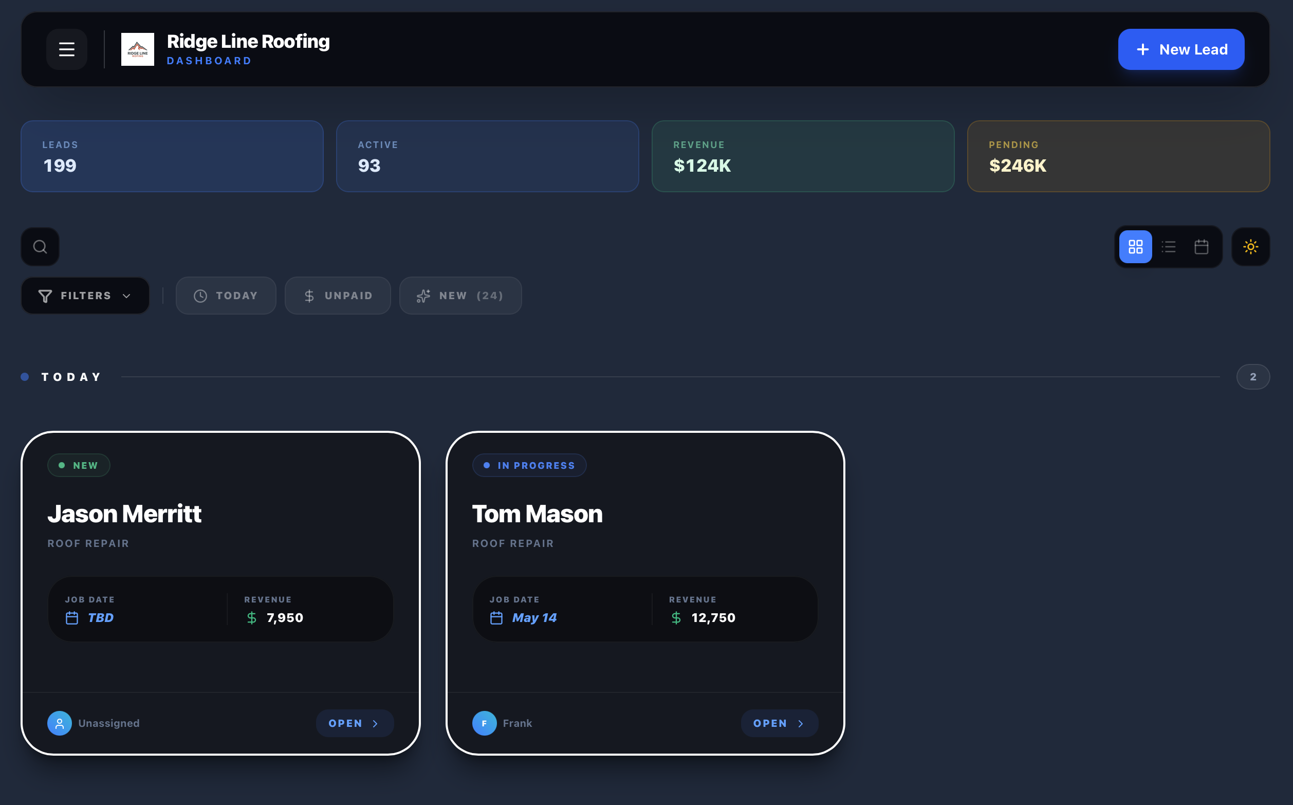 Lead2Project contractor dashboard with project board